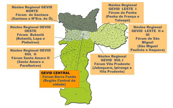 Mapa da capital com a divisão das regiões e os núcleos do Gevid destacados de forma ilustrativa.