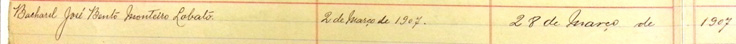 imagem do registro especificamente contendo Bacharel José Bento Monteiro Lobato - 2 de março de 1907 - 28 de março de 1907.​