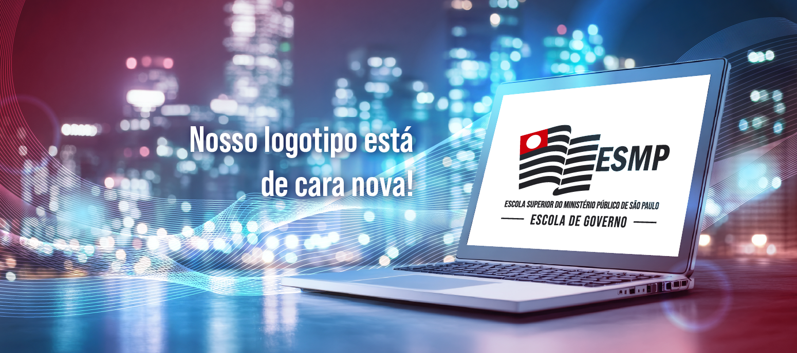 Imagem com fundo colorido mostra notebook com o novo logotipo da ESMPSP.
